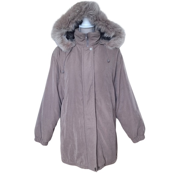 Jacqueline Ferrar Women’s L Taupe Winter Coat Faux Fur Hood Long Warm Jacket - Picture 1 of 8